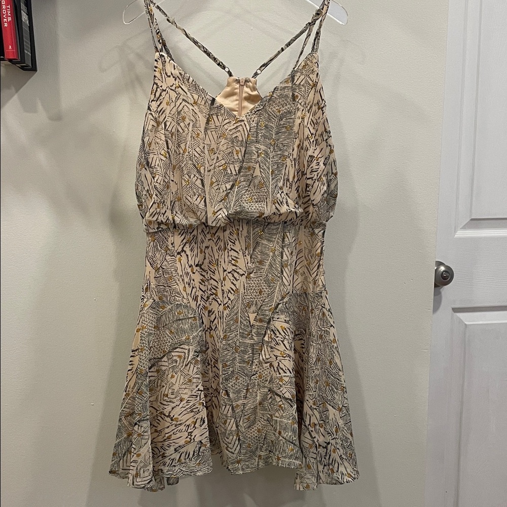 Lulu's Beige and Black Leaf Print Mini Dress